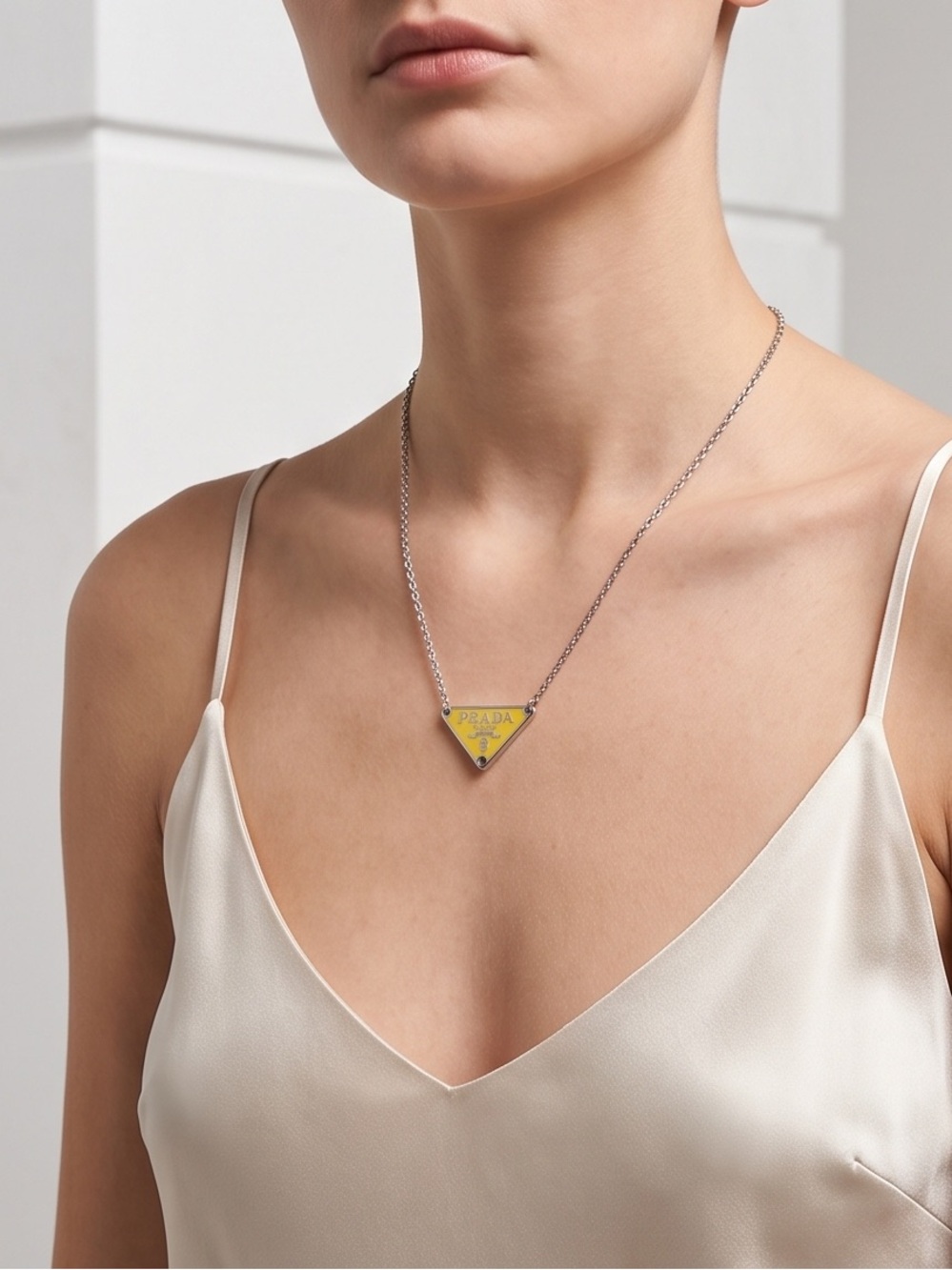 Unbranded Upcycled Yellow Triangle Logo Pendant Necklace with Silver Chain